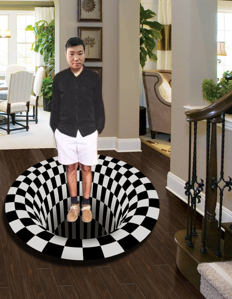 Round Carpet Vortex Illusion Rug - Black&White Stereo Vision Mat - 3D Rug