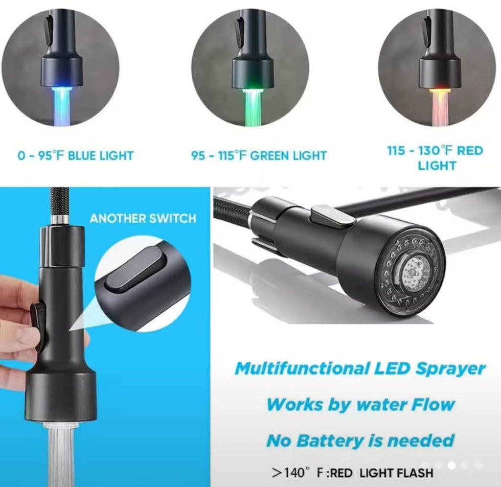 Luxury LED Kitchen Faucet – Pull Down Sprayer | Matte Black & Gold Spring Design | Modern Commercial Style Sink Tap