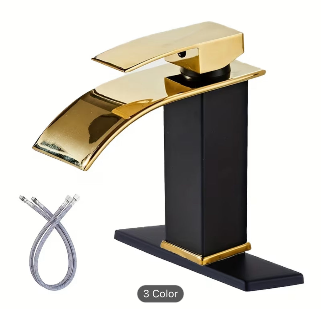 Luxury Black & Gold Waterfall Bathroom Faucet – Modern Vanity Sink Mixer Tap | Premium Single Handle Basin Faucet (Hot & Cold)