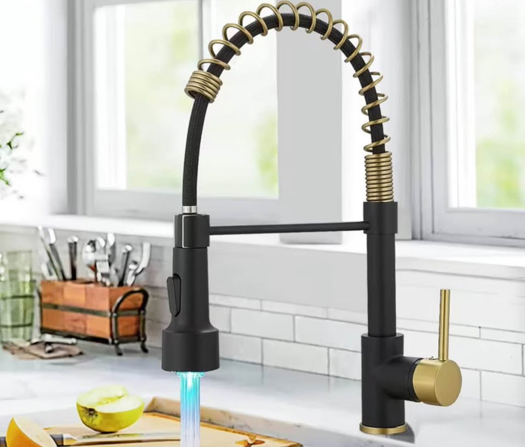 Luxury LED Kitchen Faucet – Pull Down Sprayer | Matte Black & Gold Spring Design | Modern Commercial Style Sink Tap