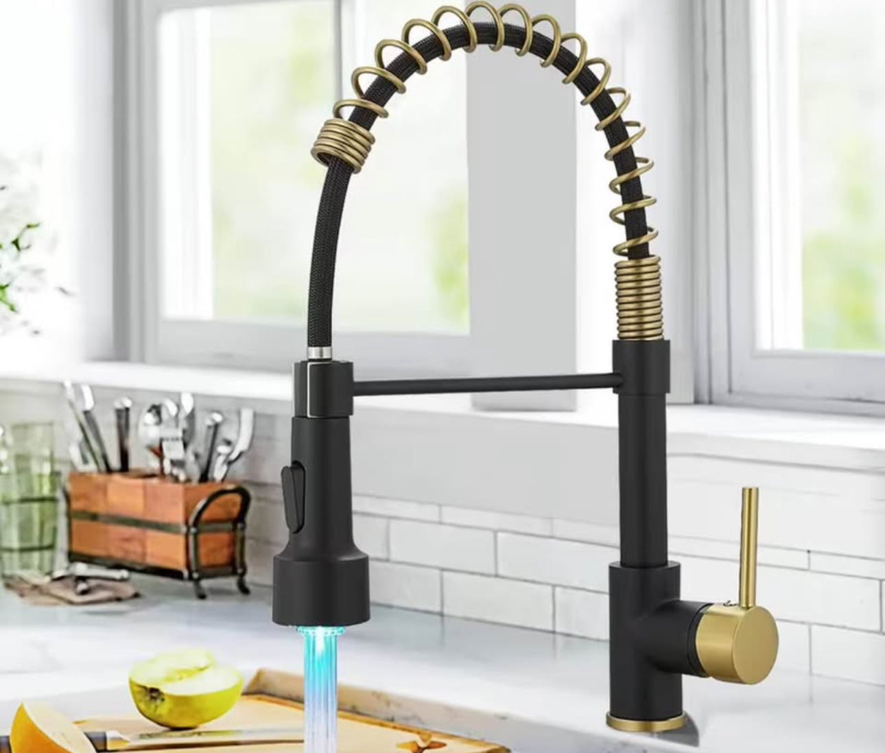 Luxury LED Kitchen Faucet – Pull Down Sprayer | Matte Black & Gold Spring Design | Modern Commercial Style Sink Tap