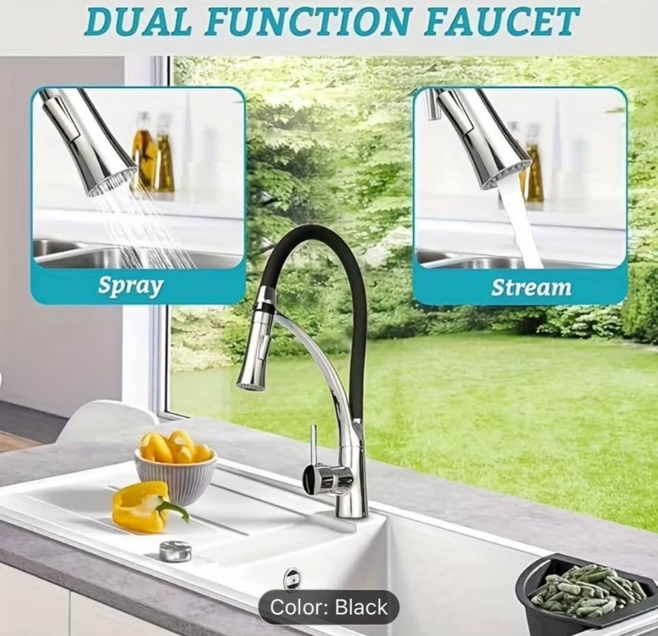 Luxury High-Arc Pull-Down Kitchen Faucet – 360° Swivel Stainless Steel Commercial Style Sink Faucet with Flexible Hose (Modern Black & Chrome) Upgrade Your Kitchen in Minutes – Modern Design, Powerful Performance.