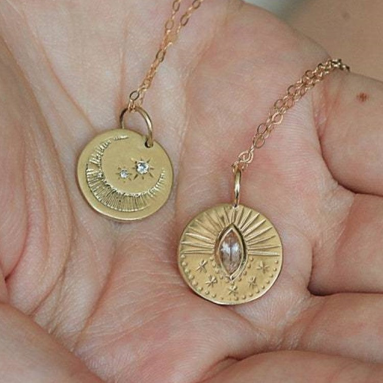 Three-dimensional Sun Moon Round Coin Zircon Necklace - Fashion 2025