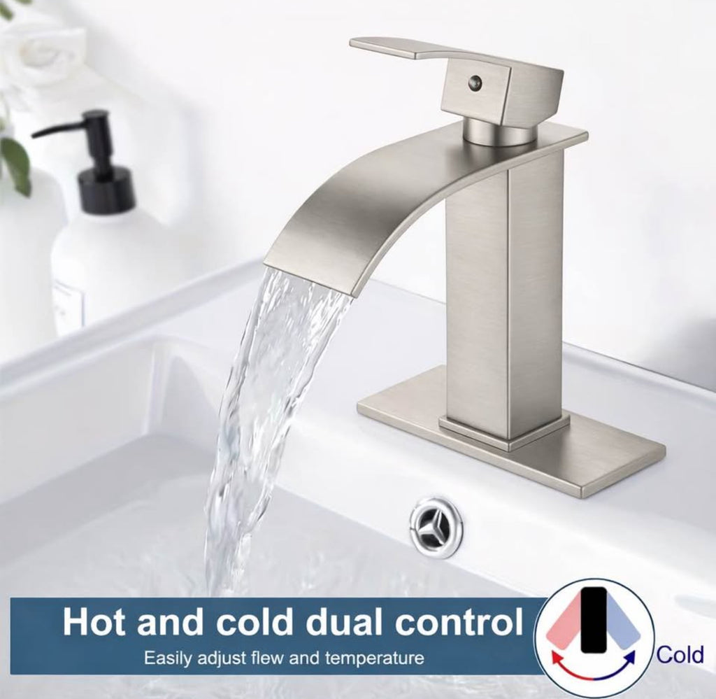 Modern Brushed Nickel Waterfall Bathroom Sink Faucet – Luxury Vanity Mixer Tap | Single Handle | Easy Install 1 or 3 Hole