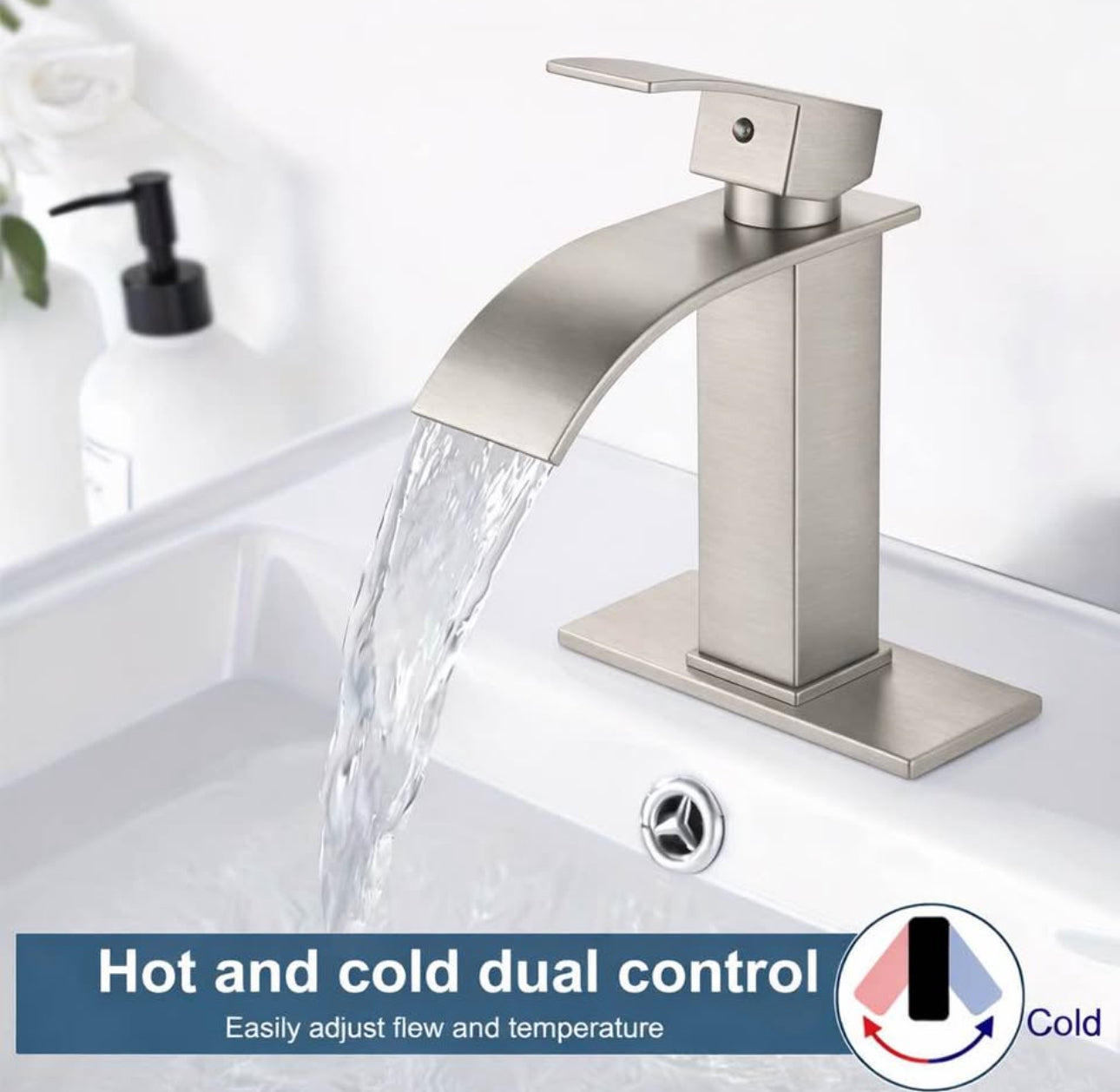 Modern Brushed Nickel Waterfall Bathroom Sink Faucet – Luxury Vanity Mixer Tap | Single Handle | Easy Install 1 or 3 Hole