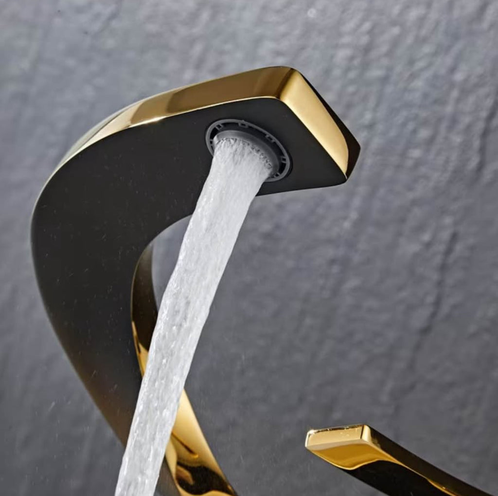 Luxury Black & Gold Waterfall Bathroom Faucet – Modern Designer Sink Tap | Premium Brass Single Handle Vanity Mixer