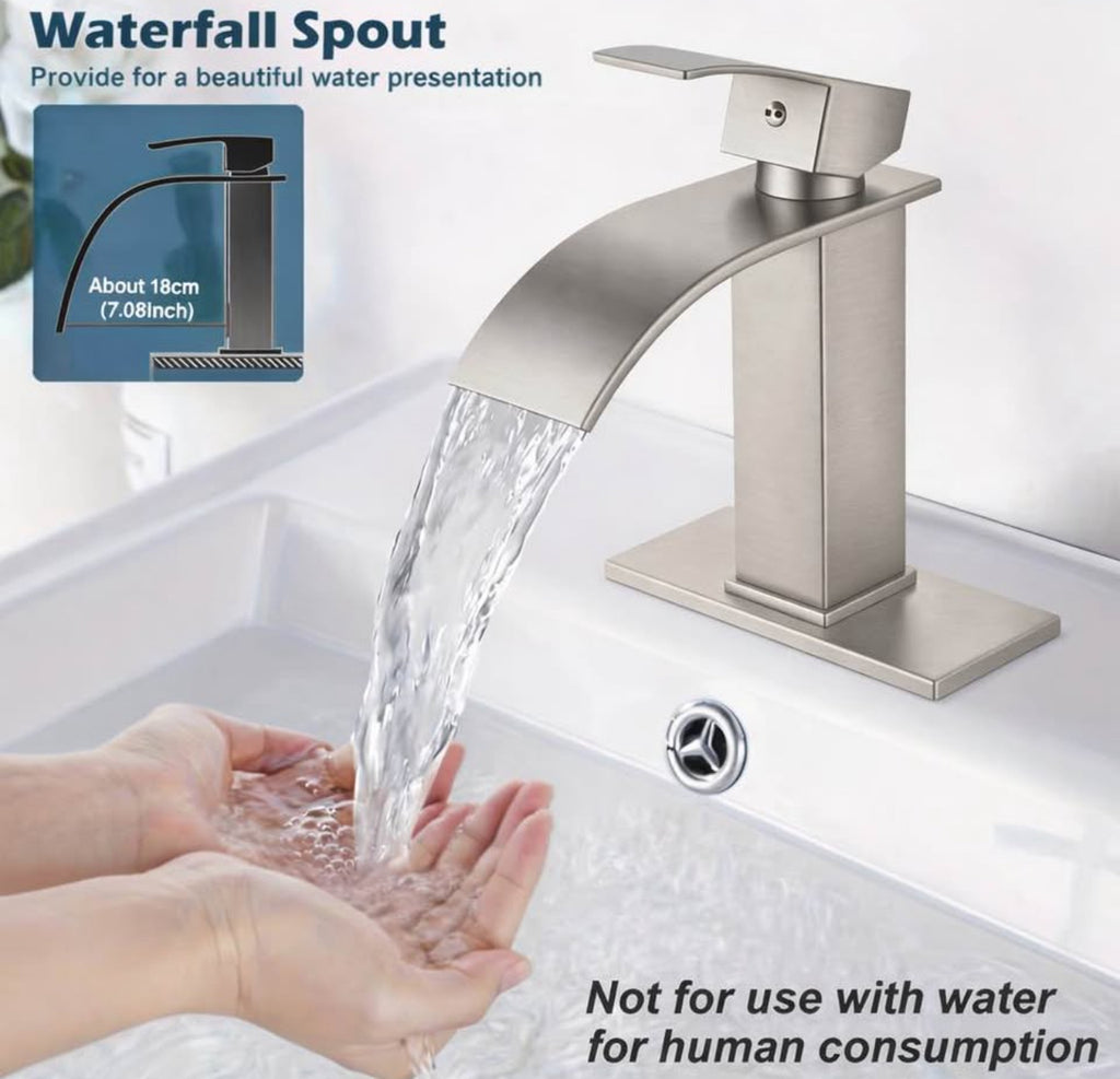 Modern Brushed Nickel Waterfall Bathroom Sink Faucet – Luxury Vanity Mixer Tap | Single Handle | Easy Install 1 or 3 Hole