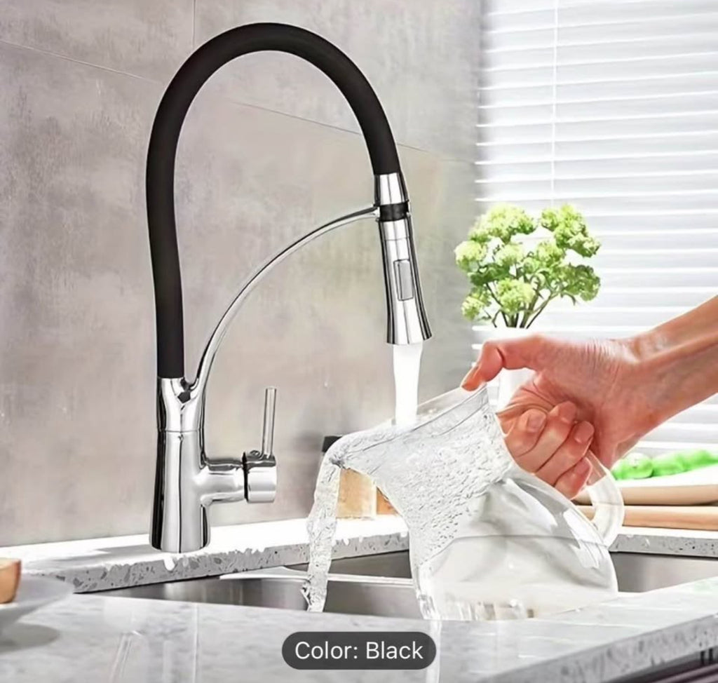 Luxury High-Arc Pull-Down Kitchen Faucet – 360° Swivel Stainless Steel Commercial Style Sink Faucet with Flexible Hose (Modern Black & Chrome) Upgrade Your Kitchen in Minutes – Modern Design, Powerful Performance.