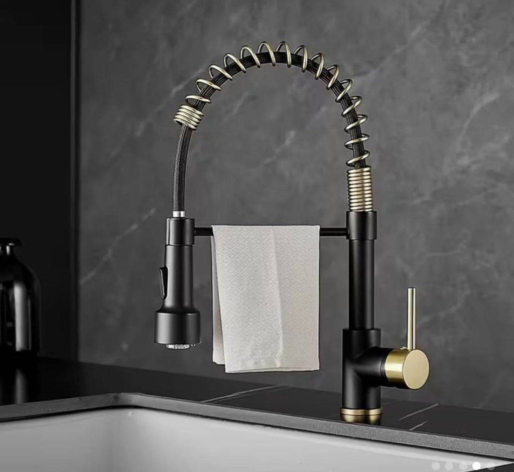 Luxury LED Kitchen Faucet – Pull Down Sprayer | Matte Black & Gold Spring Design | Modern Commercial Style Sink Tap
