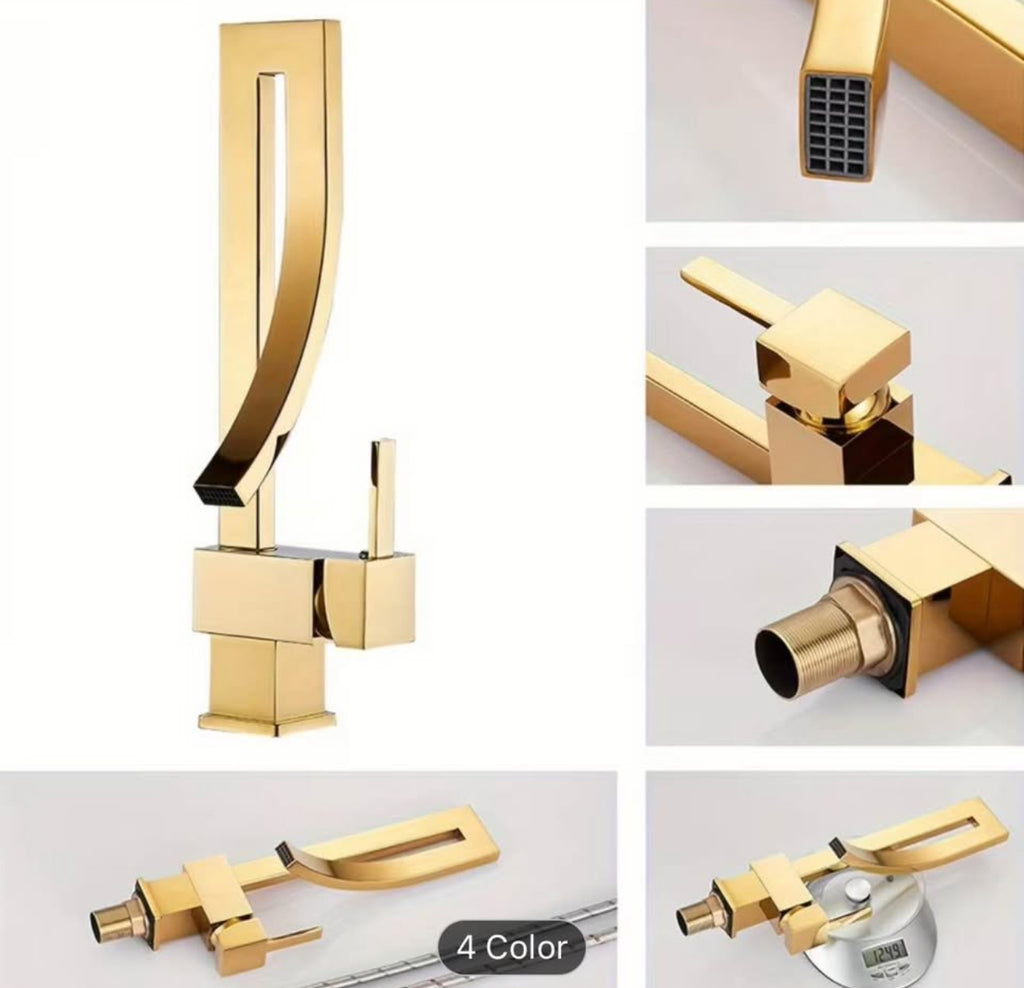 Luxury Gold Waterfall Bathroom Faucet – Modern Vanity Sink Mixer Tap | Premium Brass Hotel-Style Basin Faucet