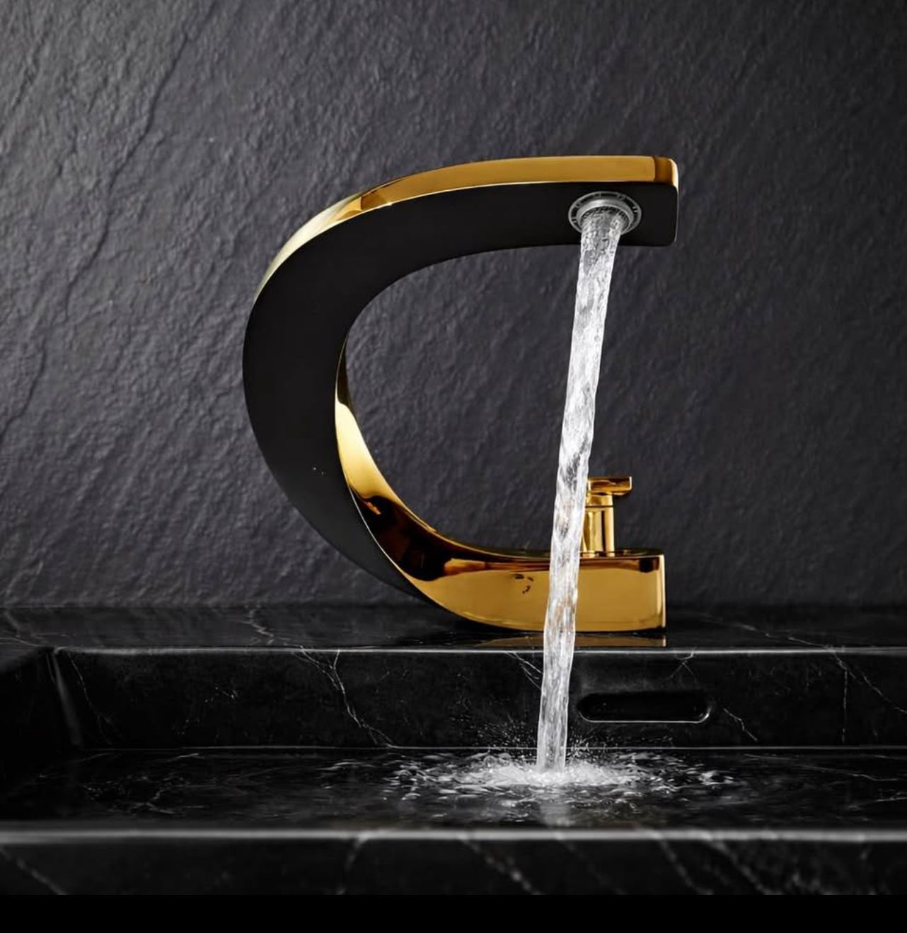Luxury Black & Gold Waterfall Bathroom Faucet – Modern Designer Sink Tap | Premium Brass Single Handle Vanity Mixer