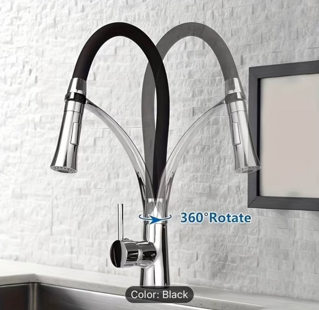 Luxury High-Arc Pull-Down Kitchen Faucet – 360° Swivel Stainless Steel Commercial Style Sink Faucet with Flexible Hose (Modern Black & Chrome) Upgrade Your Kitchen in Minutes – Modern Design, Powerful Performance.
