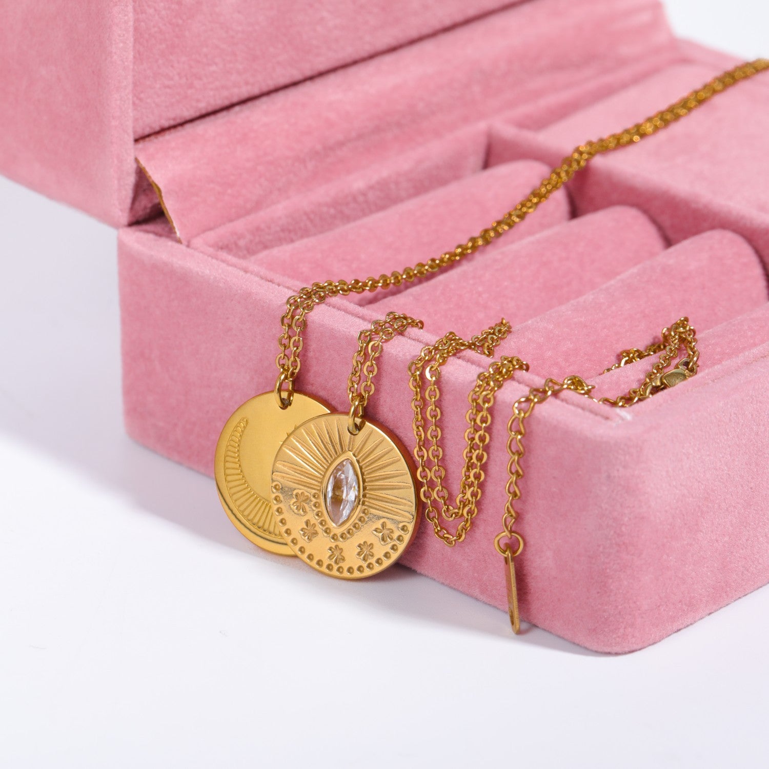 Three-dimensional Sun Moon Round Coin Zircon Necklace - Fashion 2025