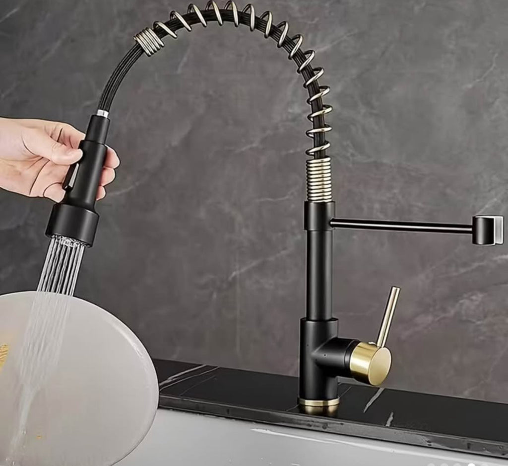Luxury LED Kitchen Faucet – Pull Down Sprayer | Matte Black & Gold Spring Design | Modern Commercial Style Sink Tap