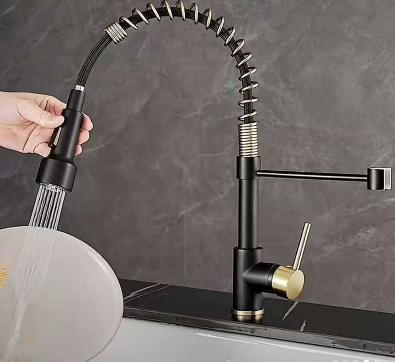 Luxury LED Kitchen Faucet – Pull Down Sprayer | Matte Black & Gold Spring Design | Modern Commercial Style Sink Tap
