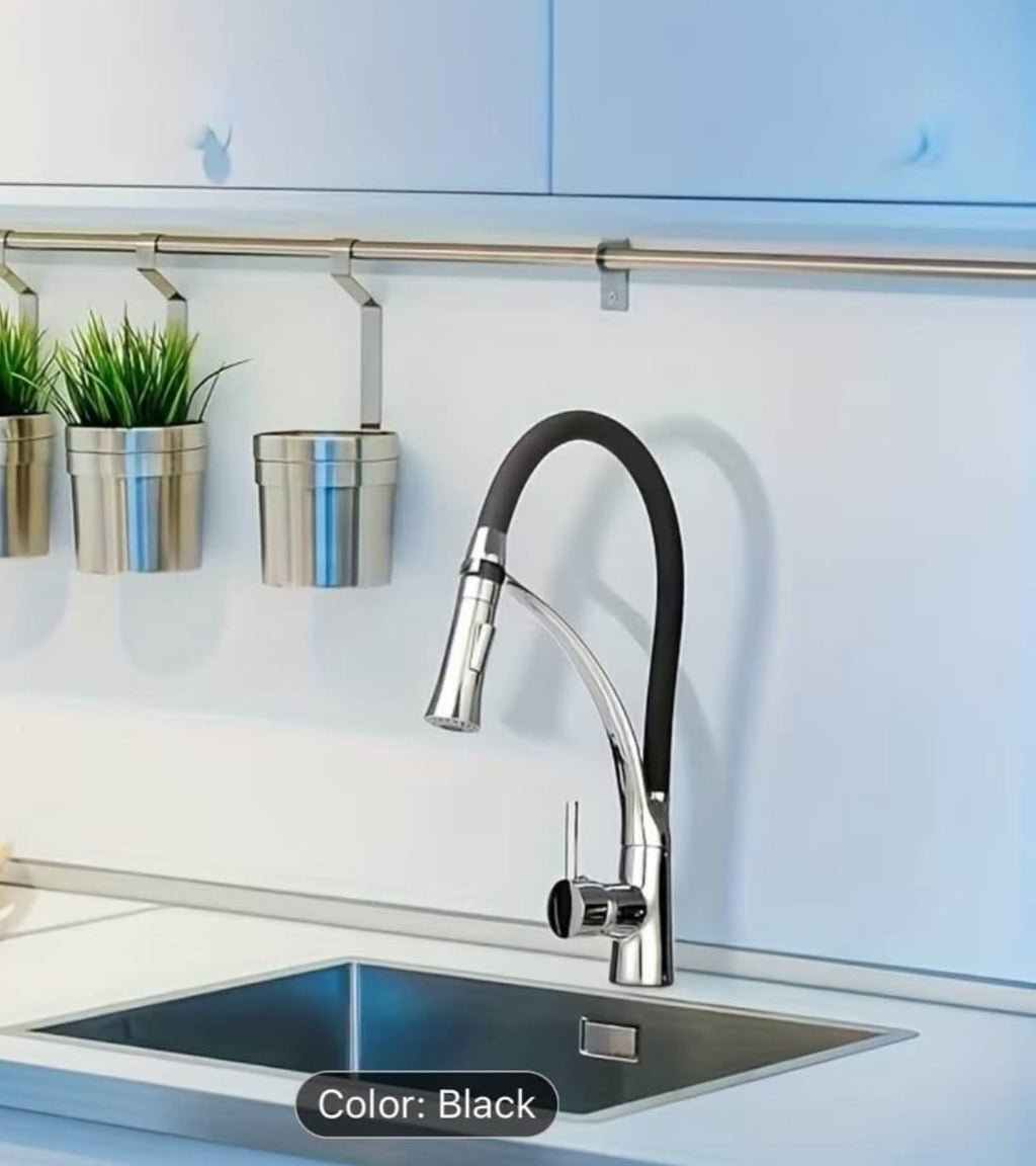 Luxury High-Arc Pull-Down Kitchen Faucet – 360° Swivel Stainless Steel Commercial Style Sink Faucet with Flexible Hose (Modern Black & Chrome) Upgrade Your Kitchen in Minutes – Modern Design, Powerful Performance.