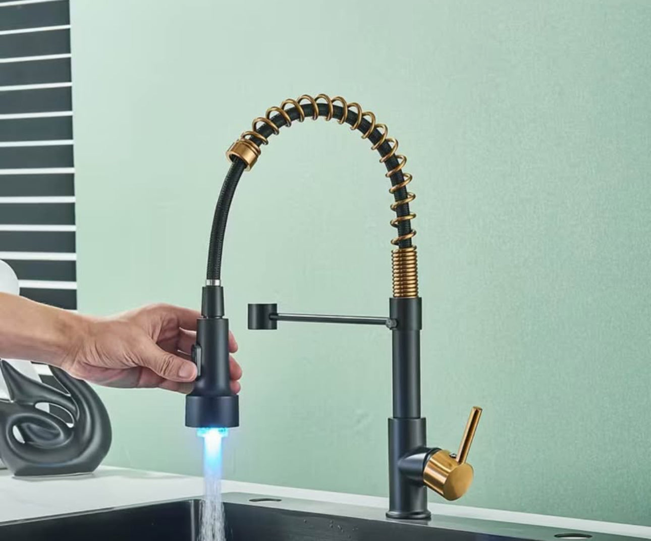 Luxury LED Kitchen Faucet – Pull Down Sprayer | Matte Black & Gold Spring Design | Modern Commercial Style Sink Tap