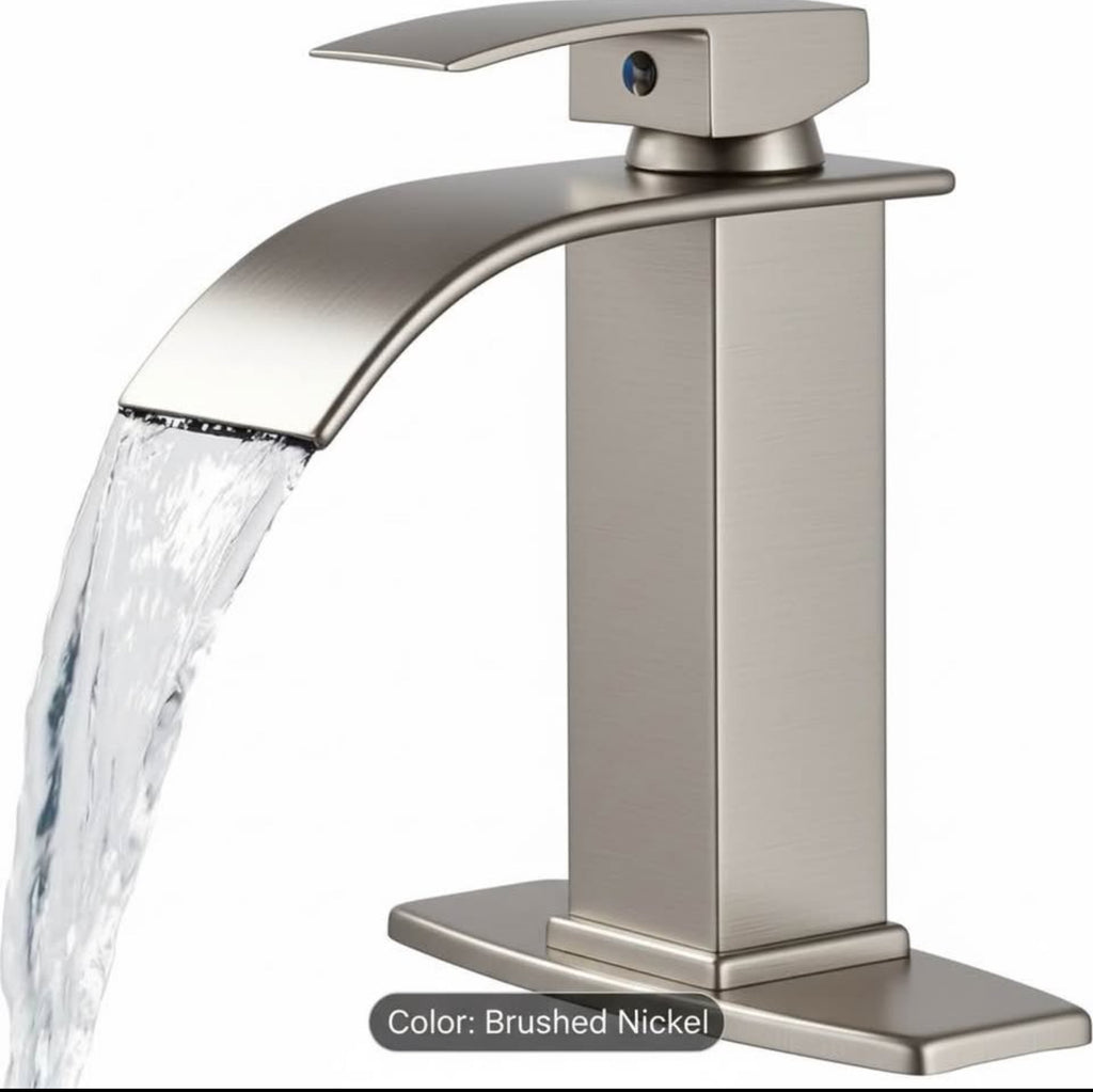 Modern Brushed Nickel Waterfall Bathroom Sink Faucet – Luxury Vanity Mixer Tap | Single Handle | Easy Install 1 or 3 Hole