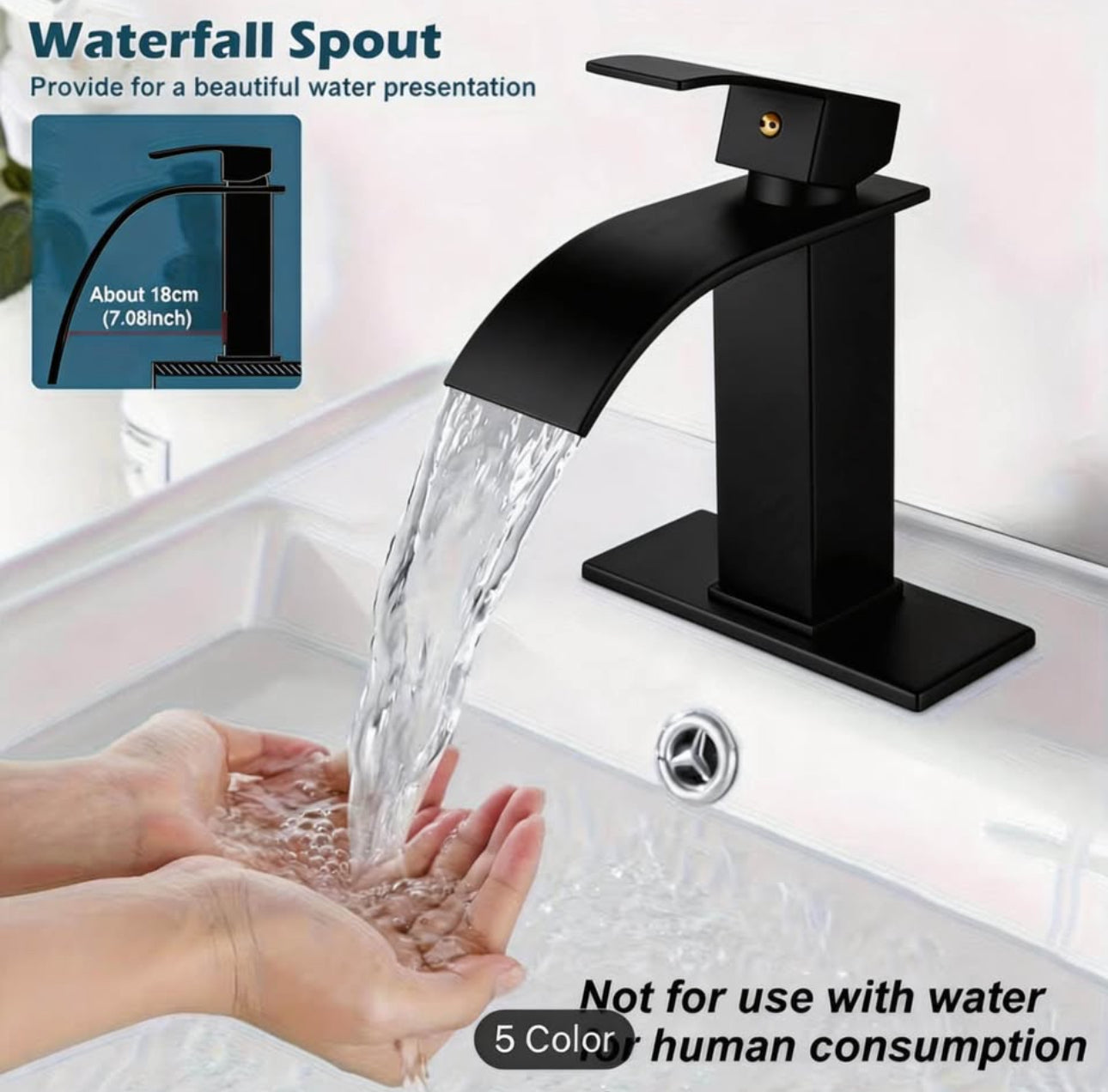 Luxury Matte Black Waterfall Bathroom Faucet – Modern Vanity Sink Mixer Tap | Premium Single Handle Basin Faucet