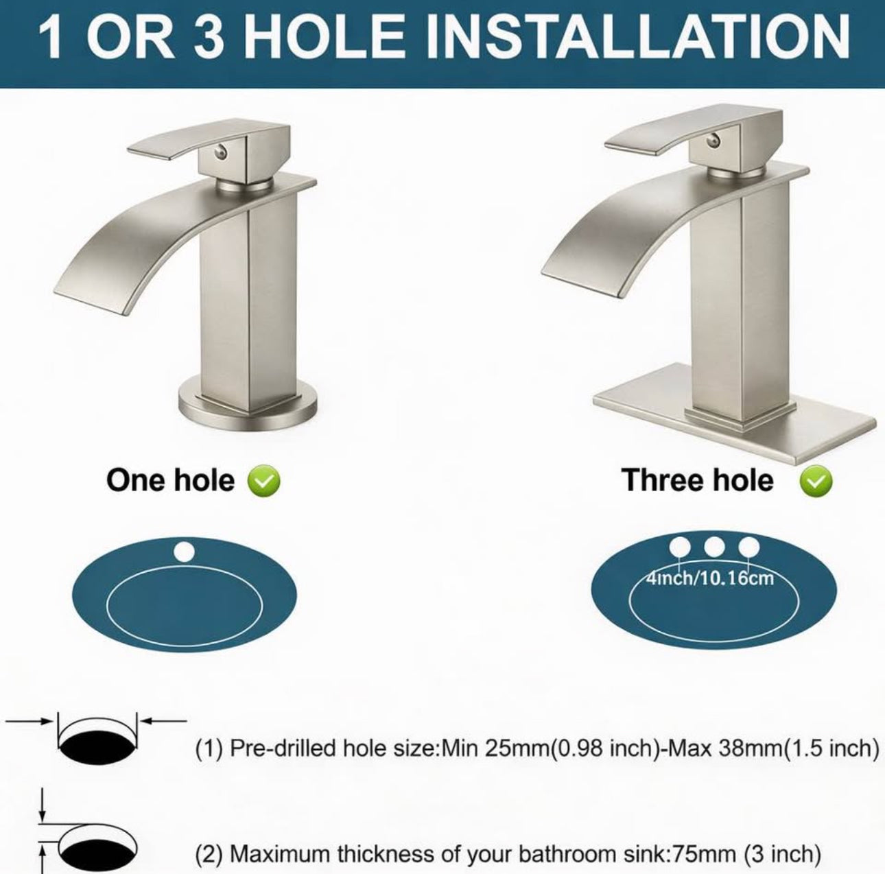 Modern Brushed Nickel Waterfall Bathroom Sink Faucet – Luxury Vanity Mixer Tap | Single Handle | Easy Install 1 or 3 Hole