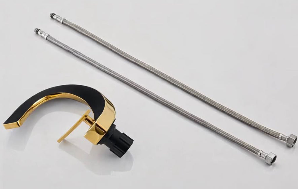 Luxury Black & Gold Waterfall Bathroom Faucet – Modern Designer Sink Tap | Premium Brass Single Handle Vanity Mixer