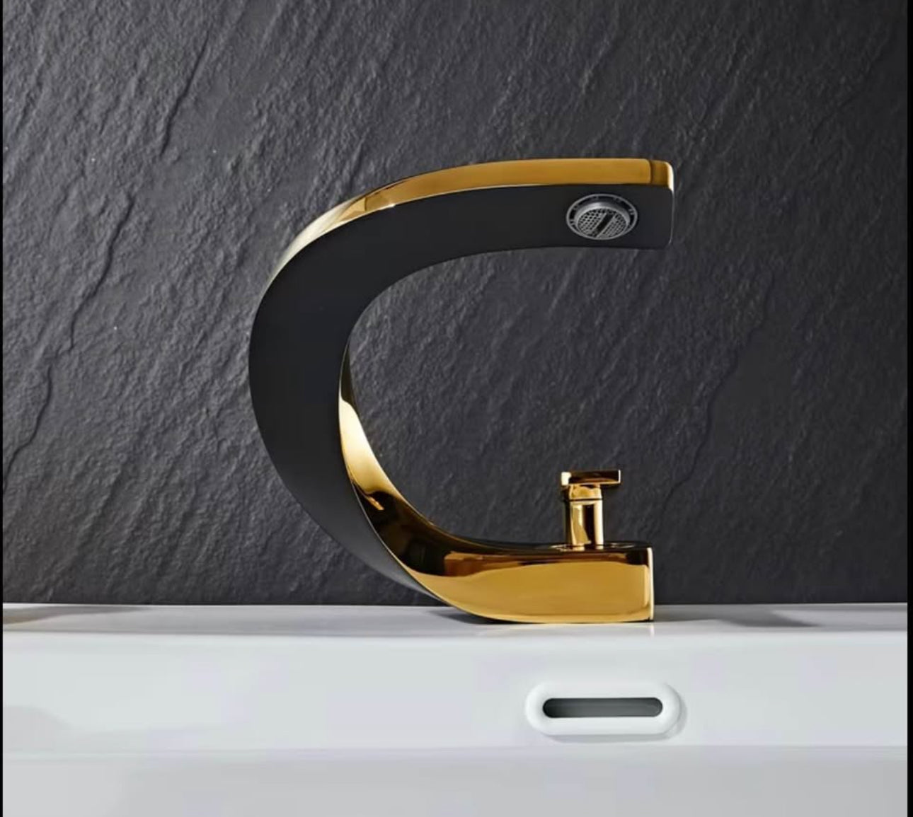 Luxury Black & Gold Waterfall Bathroom Faucet – Modern Designer Sink Tap | Premium Brass Single Handle Vanity Mixer