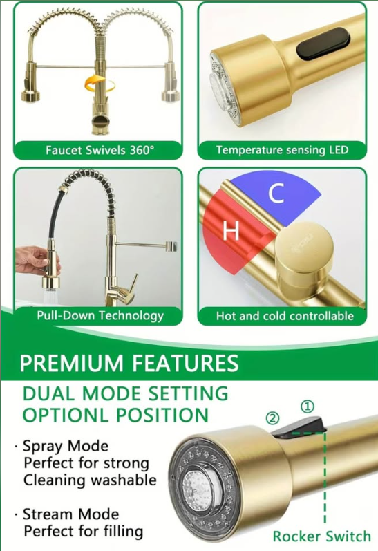 Luxury LED Kitchen Faucet | Pull-Down Sprayer | Brushed Gold | HOT DEAL | suitable for Bar/Sink RV