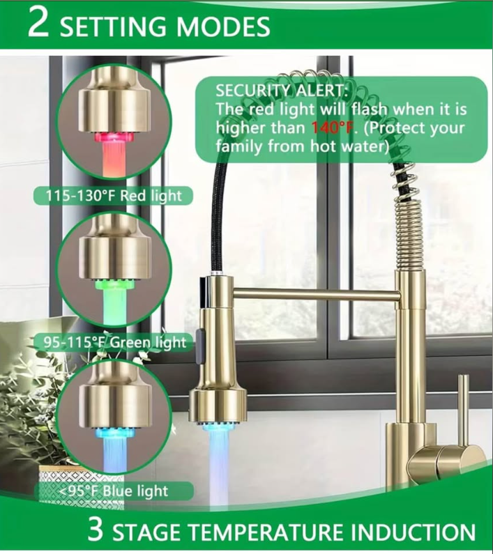 Luxury LED Kitchen Faucet | Pull-Down Sprayer | Brushed Gold | HOT DEAL | suitable for Bar/Sink RV