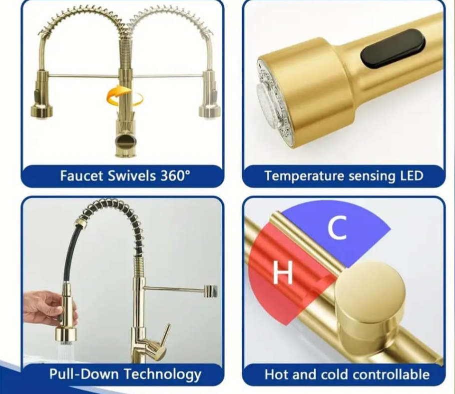 Luxury LED Kitchen Faucet | Pull-Down Sprayer | Brushed Gold | HOT DEAL | suitable for Bar/Sink RV
