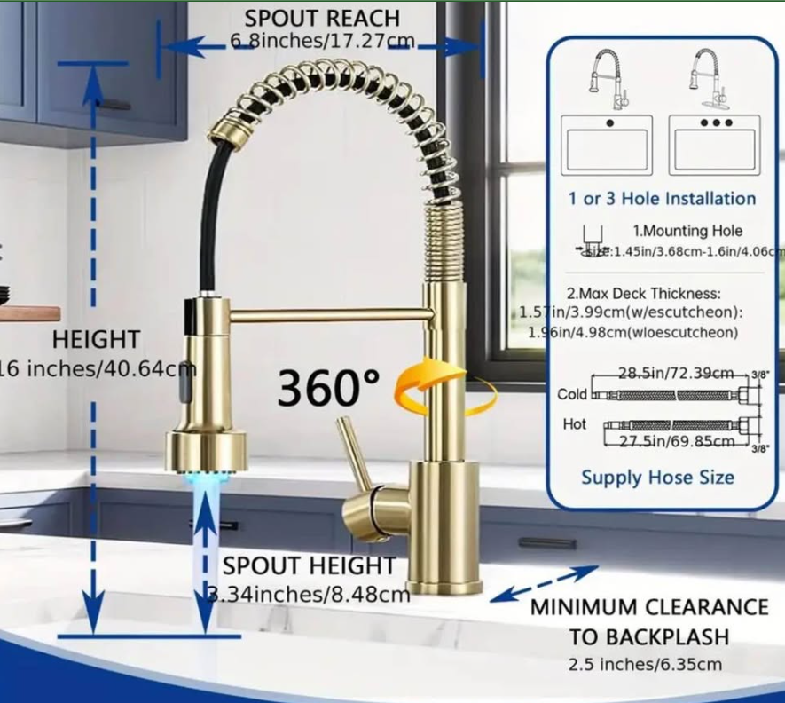 Luxury LED Kitchen Faucet | Pull-Down Sprayer | Brushed Gold | HOT DEAL | suitable for Bar/Sink RV