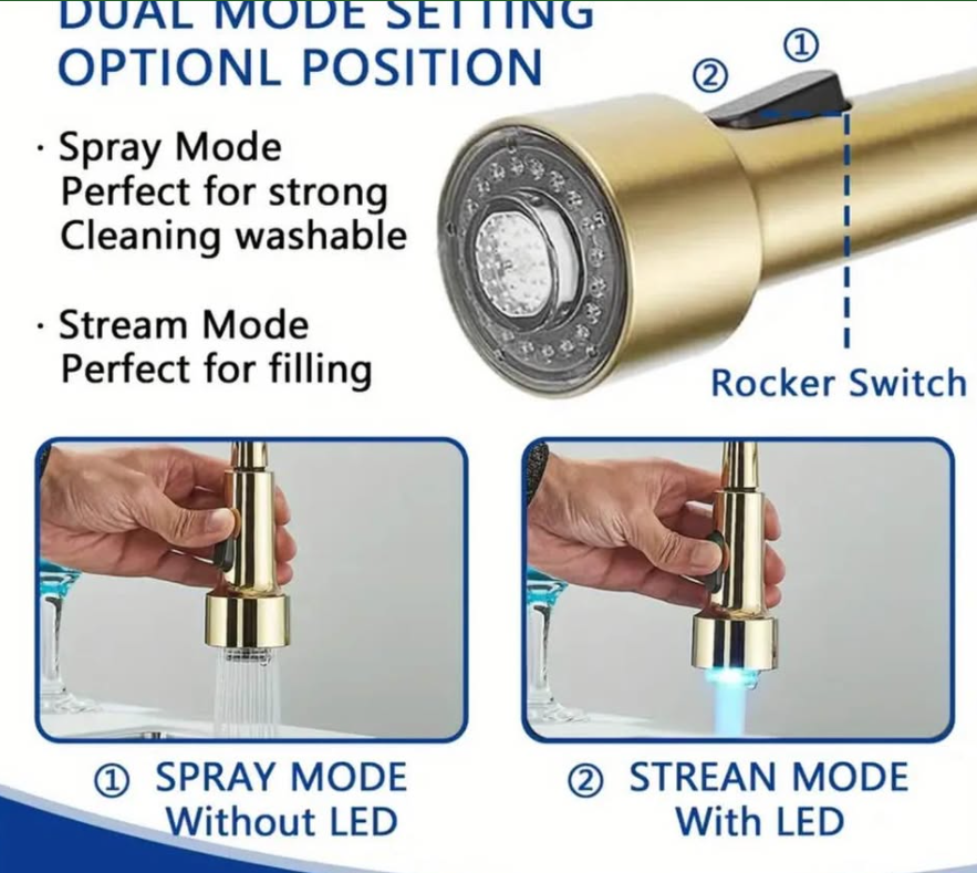 Luxury LED Kitchen Faucet | Pull-Down Sprayer | Brushed Gold | HOT DEAL | suitable for Bar/Sink RV