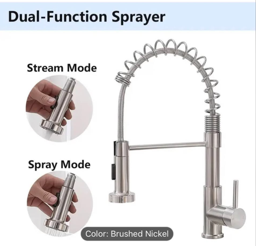 Modern Brushed Nickel Kitchen Faucet | Pull-Down Sprayer | Commercial Spring Style | New