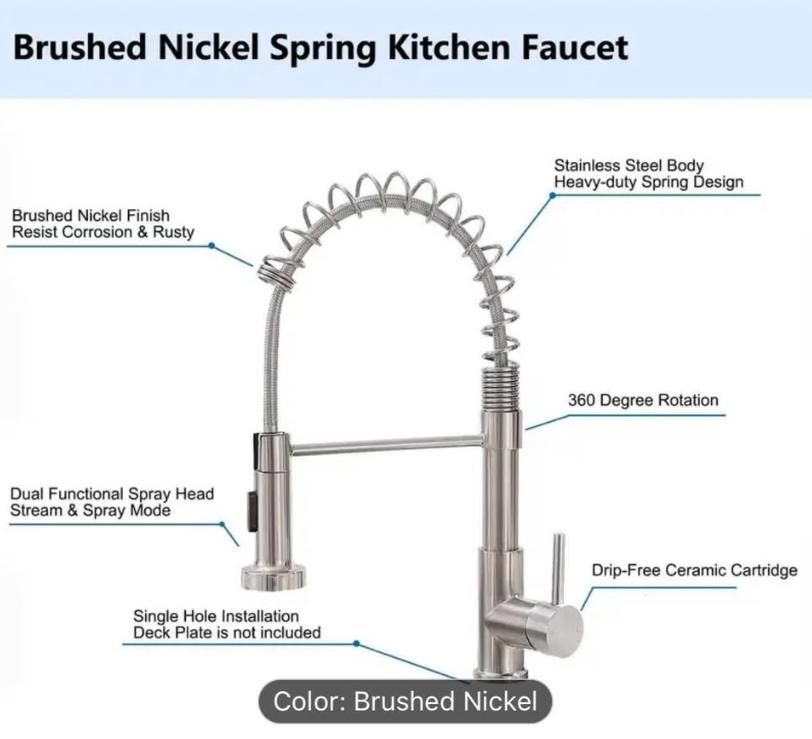 Modern Brushed Nickel Kitchen Faucet | Pull-Down Sprayer | Commercial Spring Style | New