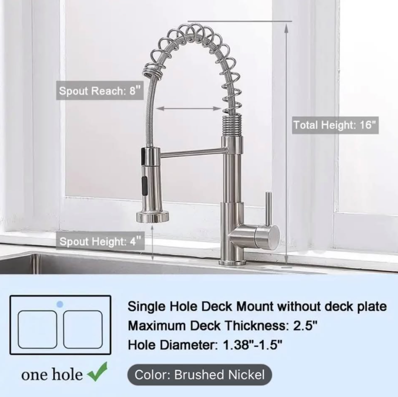 Modern Brushed Nickel Kitchen Faucet | Pull-Down Sprayer | Commercial Spring Style | New