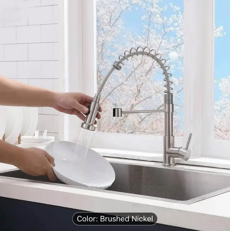 Modern Brushed Nickel Kitchen Faucet | Pull-Down Sprayer | Commercial Spring Style | New