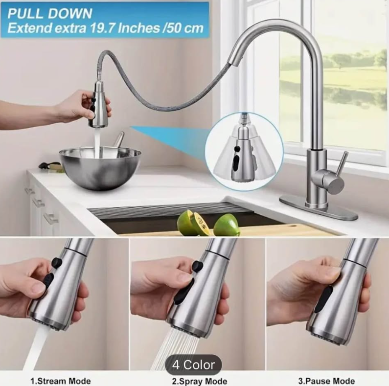 Modern Brushed Nickel Kitchen Faucet – Pull Down Sprayer | 360° Swivel | New