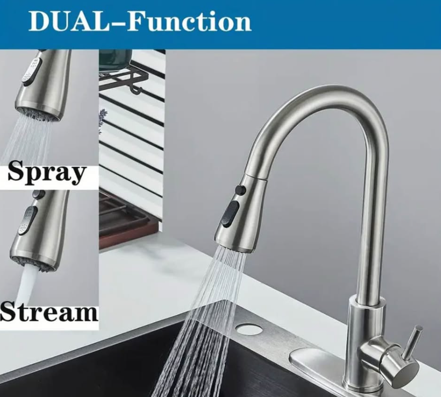 Modern Brushed Nickel Kitchen Faucet – Pull Down Sprayer | 360° Swivel | New