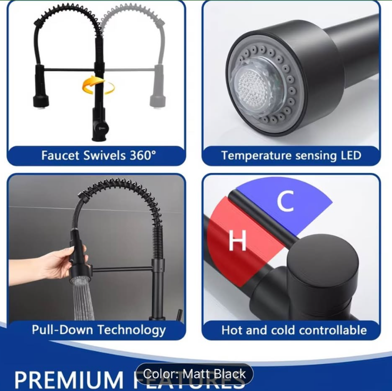 ✨ Modern Matte Black LED Kitchen Faucet – Commercial Style