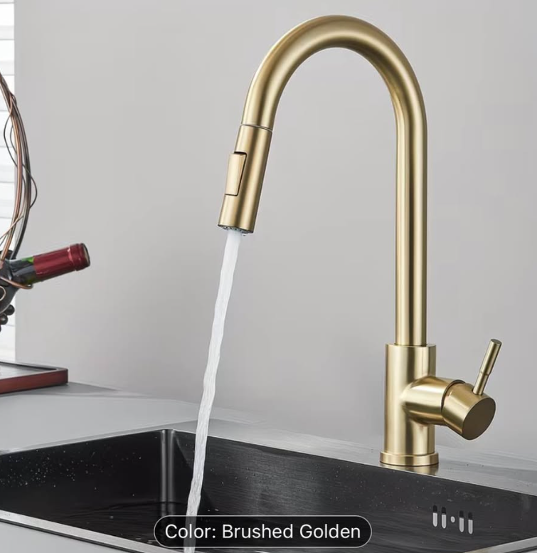 ✨ Luxury Brushed Gold Pull-Down Kitchen Faucet – Modern High Arc, 360° Swivel – Brand New ✨