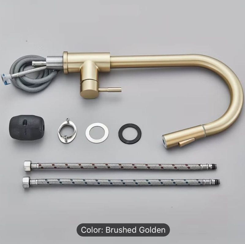 ✨ Luxury Brushed Gold Pull-Down Kitchen Faucet – Modern High Arc, 360° Swivel – Brand New ✨