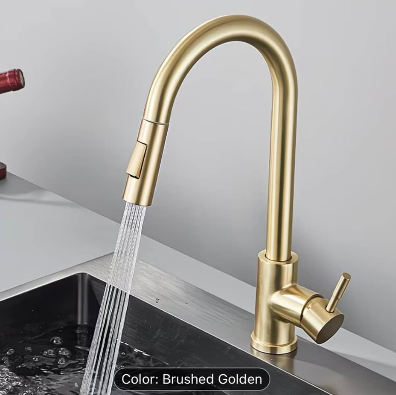 ✨ Luxury Brushed Gold Pull-Down Kitchen Faucet – Modern High Arc, 360° Swivel – Brand New ✨