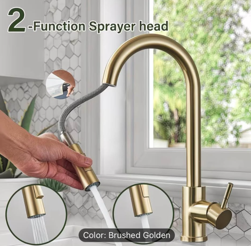 ✨ Luxury Brushed Gold Pull-Down Kitchen Faucet – Modern High Arc, 360° Swivel – Brand New ✨
