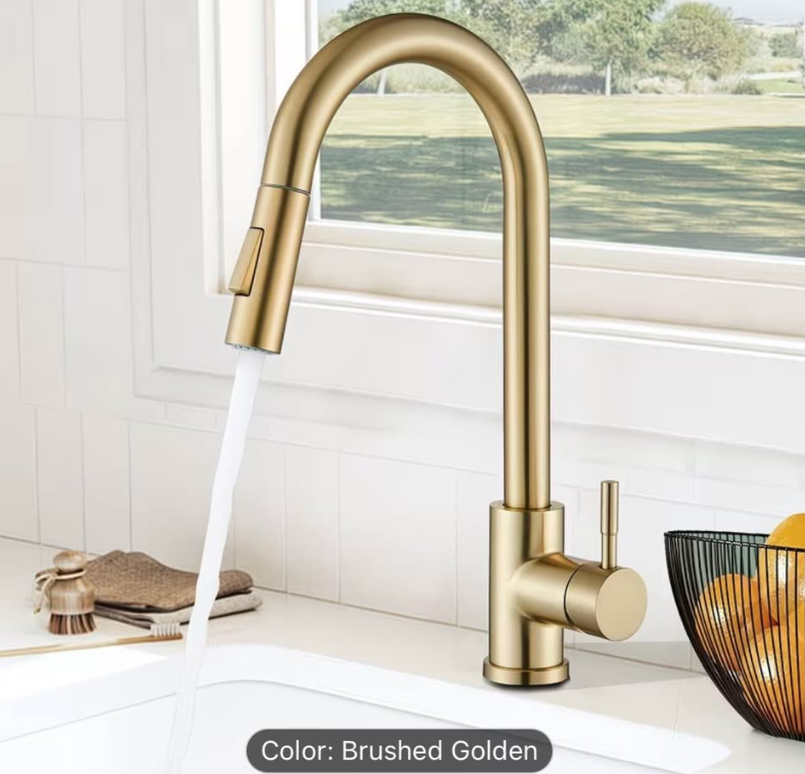✨ Luxury Brushed Gold Pull-Down Kitchen Faucet – Modern High Arc, 360° Swivel – Brand New ✨