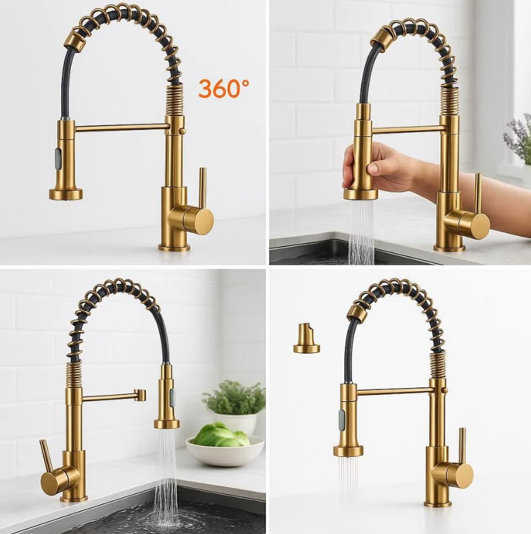 Brushed Golden Kitchen Faucet with Pull-Down Sprayer – Commercial-Grade Single Handle Sink Mixer Tap