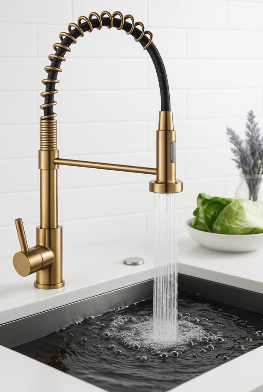 Brushed Golden Kitchen Faucet with Pull-Down Sprayer – Commercial-Grade Single Handle Sink Mixer Tap
