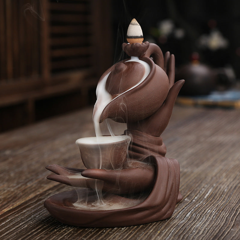 Ceramic Waterfall Incense Burner - Buddha Hand Tea/ Chai kettle Incense Burner - Indoor Smoke Back-flow Incense Fountain - Buddhist Altar Table Decor