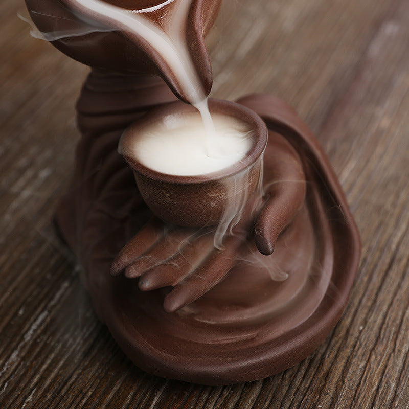 Ceramic Waterfall Incense Burner - Buddha Hand Tea/ Chai kettle Incense Burner - Indoor Smoke Back-flow Incense Fountain - Buddhist Altar Table Decor