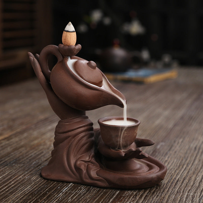Ceramic Waterfall Incense Burner - Buddha Hand Tea/ Chai kettle Incense Burner - Indoor Smoke Back-flow Incense Fountain - Buddhist Altar Table Decor