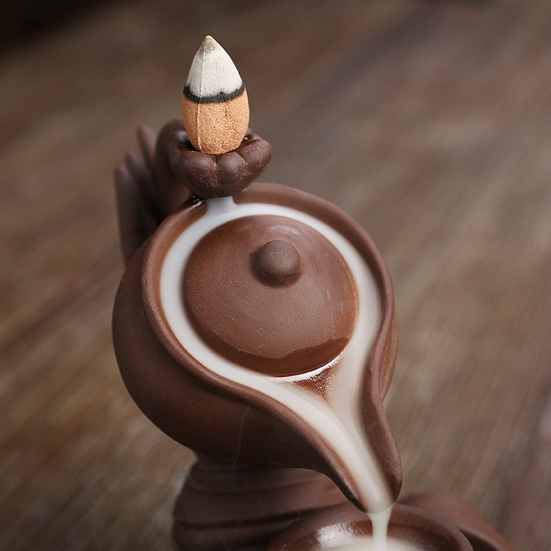 Ceramic Waterfall Incense Burner - Buddha Hand Tea/ Chai kettle Incense Burner - Indoor Smoke Back-flow Incense Fountain - Buddhist Altar Table Decor