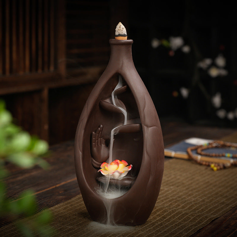 Ceramic Waterfall Incense Burner - Buddha Hand Tea/ Chai kettle Incense Burner - Indoor Smoke Back-flow Incense Fountain - Buddhist Altar Table Decor